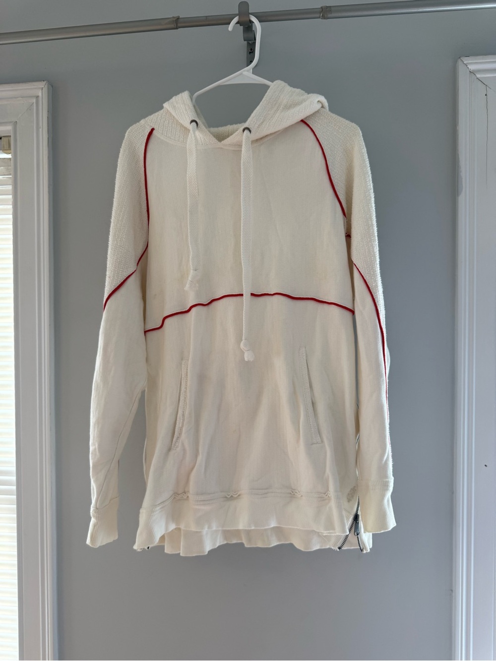 Cream Hooded Free People Sweatshirt with Red Piping